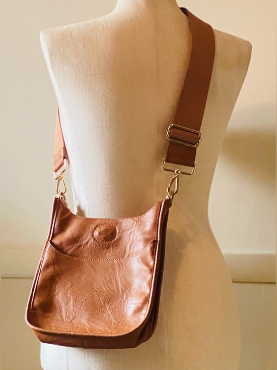 Handbags - Classic Camel Brown vegan Leather Crossbody Bag with Wide Strap